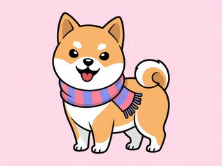 Cute Shiba Inu dog wearing colorful scarf, kawaii cartoon style illustration, adorable smiling puppy character, playful winter pet mascot for stickers, design, and digital art background