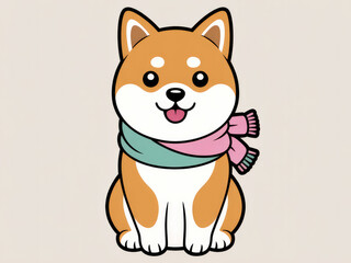 Cute Shiba Inu dog wearing colorful scarf, kawaii cartoon style illustration, adorable smiling puppy character, playful winter pet mascot for stickers, design, and digital art background