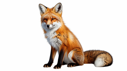 A red fox sitting and isolated on white background, displaying its vibrant fur and alert gaze, a symbol of cunning and adaptability in nature