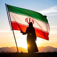 Silhouette of a woman holding a large flag at sunset