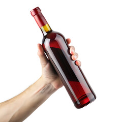 Hand holding red wine bottle isolated on white background isolated on a transparent background