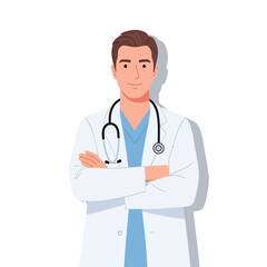 Fototapeta premium Confident Male Doctor with Arms Crossed in White Coat, Vector Illustration