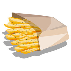 French fries sprinkled with oregano in paper bag on white background. Fast food vector illustration.