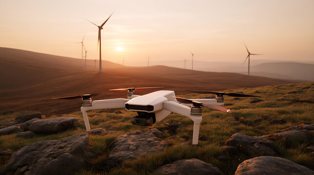 Drone resting on rocky terrain at sunset with wind turbines in the background