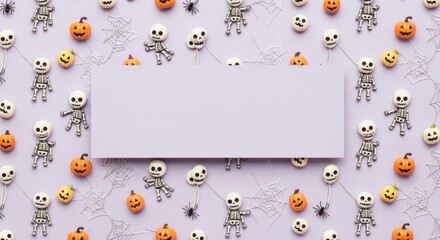 Halloween themed flat lay with pumpkins skeletons and spiderwebs design
