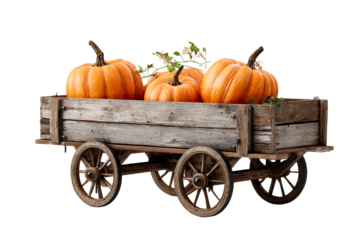Pumpkin filled vintage wooden cart in garden