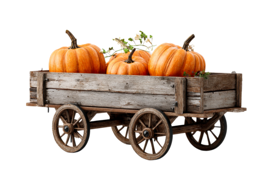 Pumpkin filled vintage wooden cart in garden