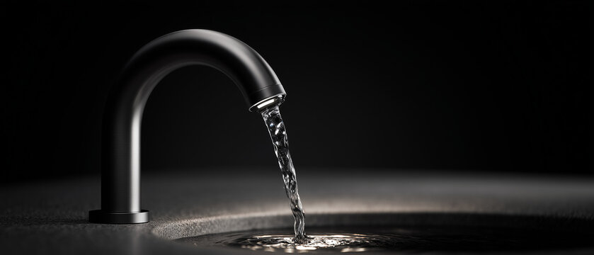 Rubinetto curvo nero in acciaio spazzolato con flusso d&rsquo;acqua su sfondo scuro. Atmosfera premium, illuminazione drammatica, ideale per campagne bagno di lusso.