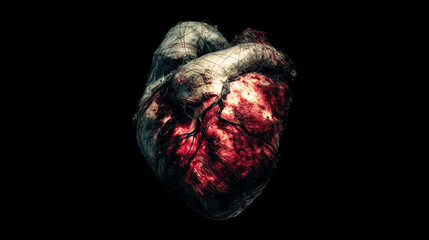 Abstract sculpture of a human heart with dark material seeping from within.