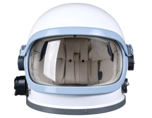 A detailed view of a vintage astronaut helmet showcasing its interior padding and reflective visor design.