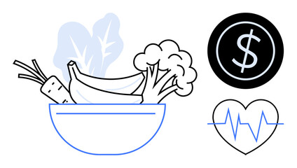 Bowl with banana, broccoli, carrots, greens, dollar sign, and heart with heartbeat line. Ideal for health, diet finance wellness nutrition lifestyle motivation. Simple flat metaphor