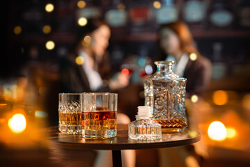 Bartender Serve Whiskey, on wood bar,	
