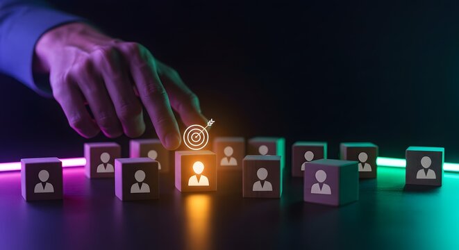 Hand Selecting Target Customer or Employee from Group of People Icons on Cubes - Powered by Adobe