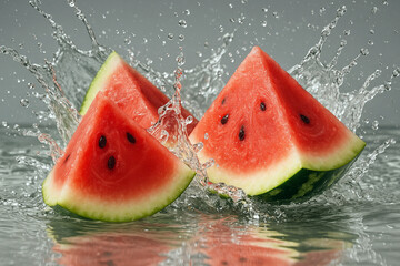 Juicy watermelon wedges splashing in water. Fresh red fruit with black seeds in refreshing dynamic studio shot. Perfect for summer drinks, healthy lifestyle, juice and advertising.