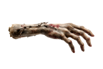 Gruesome severed hand with dirt and blood details