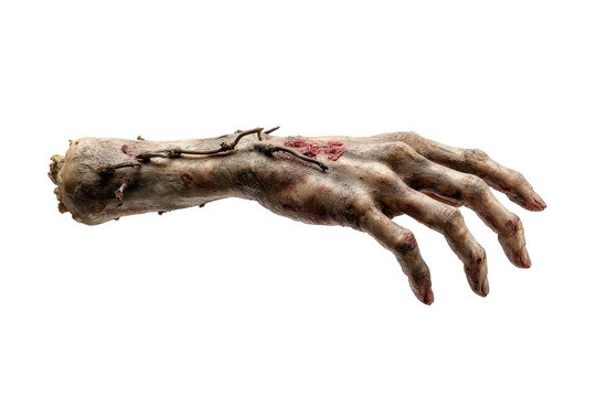 Gruesome severed hand with dirt and blood details