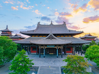 Aerial photography of Huayan Temple in Datong, Shanxi, China on a sunny summer day with fiery clouds