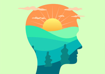 Mental health awareness positive thinking and mindset, with male head and peaceful nature mountain sunrise