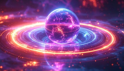 Abstract science fiction visualization of a glowing energy core at the heart of a cosmic singularity with swirling neon rings