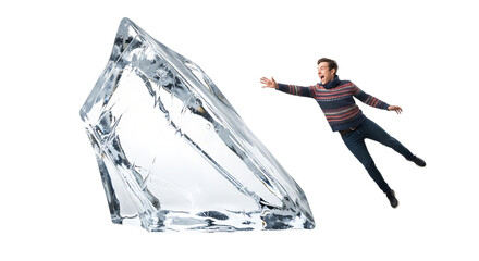 A man jumping away from a large, sharp ice shard, isolated transparent