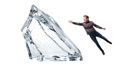A man jumping away from a large, sharp ice shard, isolated transparent