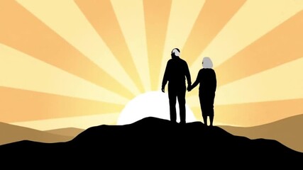 Silhouette of a senior couple holding hands on a hill, watching the sunrise. Vector graphic symbolizing hope, the future, and a new beginning in retirement.