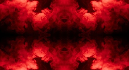 A symmetrical, dramatic composition of swirling red smoke against a dark background.