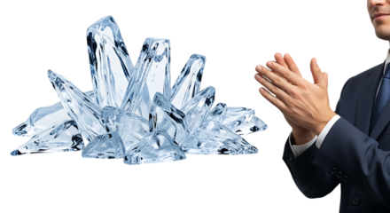 Closeup of a man in a suit clapping his hands next to a cluster of sharp ice crystals, isolated transparent