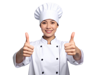 Firefly_Portrait a smiling female chef showing thumbs up, isolated on transparent background
