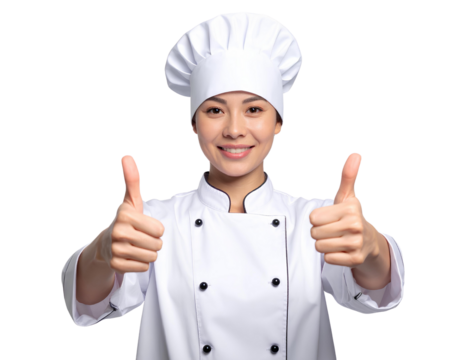 Firefly_Portrait a smiling female chef showing thumbs up, isolated on transparent background