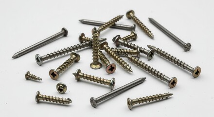 Assorted screws and nails are scattered on a plain white surface.