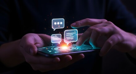 Hands Holding Smartphone with Glowing Chat Bubbles and Digital Interface