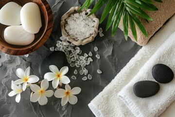 Plakat Top view of spa treatment set with flowers, stones, towels, soap and sea salt on gray stone background for wellness concept