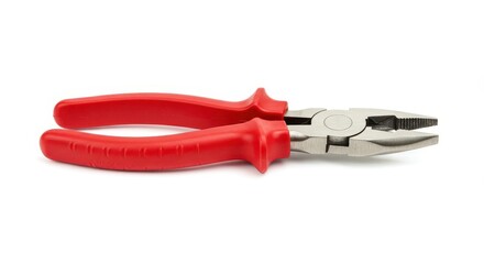 Obraz premium A pair of red-handled pliers, with a metallic body, are presented on a plain white background.