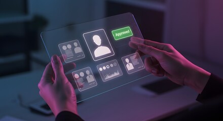 Hands interacting with a transparent futuristic interface displaying user profiles and an 'Approved' button
