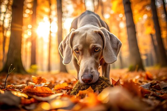 Weimaraner dog sniffs moss in an autumn forest with golden light shining - Powered by Adobe