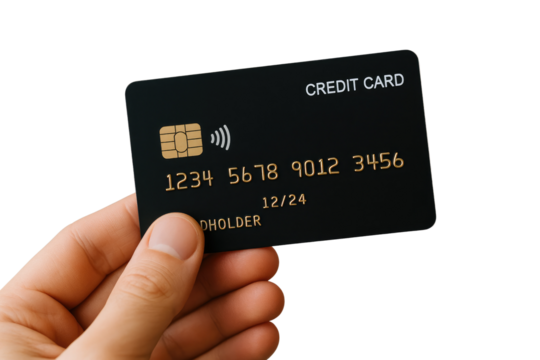 Hand holding a black credit card with contactless payment symbol and gold lettering chip cardholder isolated on a transparent background