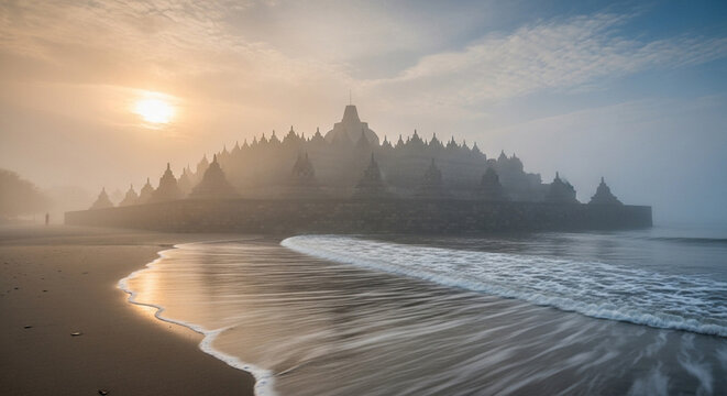 Mystical Borobudur Temple Sunrise: Fog-Shrouded Ancient Wonder on Beach