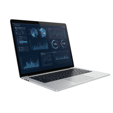 Modern laptop displaying dynamic data analytics and digital interface on screen isolated on transparent background