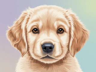Adorable golden retriever puppy portrait, cute dog face close up, fluffy and friendly pet illustration, realistic animal art for posters, stickers, pet lovers, children’s books, and design projects