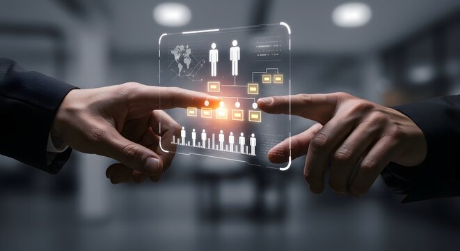 Hands interacting with futuristic organizational chart on transparent screen