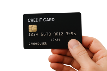 Hand holding a black credit card with gold lettering and chip on a white background cardholder isolated on a transparent background