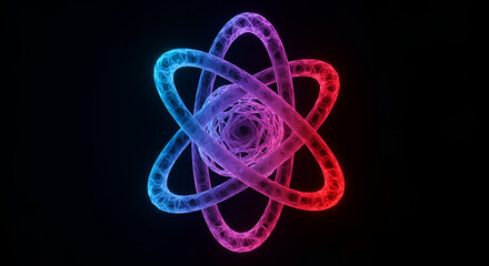 Abstract Glowing Atom Model with Vibrant Colors on Black Background Artwork