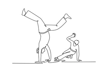 Obraz premium Single continuous line drawing two figures in dynamic Capoeira partnership, with one in an inverted handstand and the other in a low, graceful crouch. One line draw graphic design vector illustration