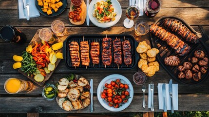 A vibrant outdoor dining scene featuring a variety of grilled meats, fresh salads, and colorful sides, perfect for a summer gathering.