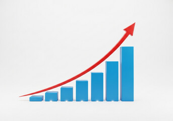 Blue bar graph with red arrow showing upward trend isolated on white background