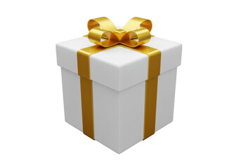 A white gift box with a gold ribbon and bow isolated on transparent background