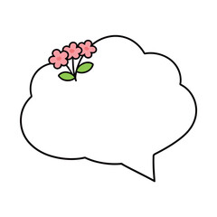 Cloud-Shaped Blank Speech Bubble with Pink Flowers and Green Leaves on White Background as a Nature-Themed Template