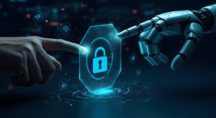 Human and Robot Hand Touching Digital Lock Icon for Cybersecurity and AI Concept