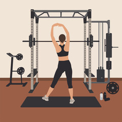 Fototapeta premium Woman stretching her arms before exercising in the home gym room